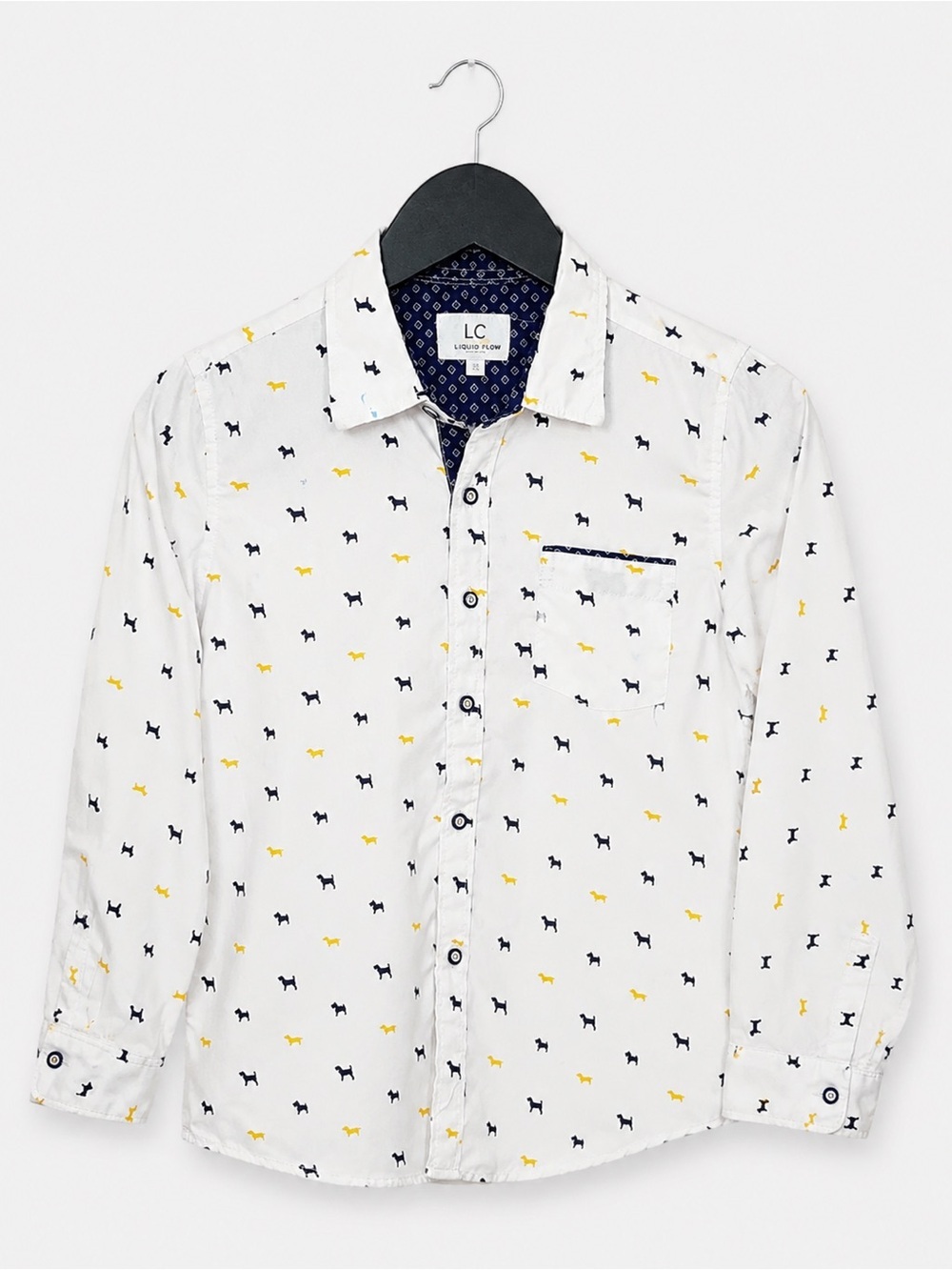 Craft + Flow Little Boy Dog Print Button-Up Shirt Size 6 Large White Navy Yellow